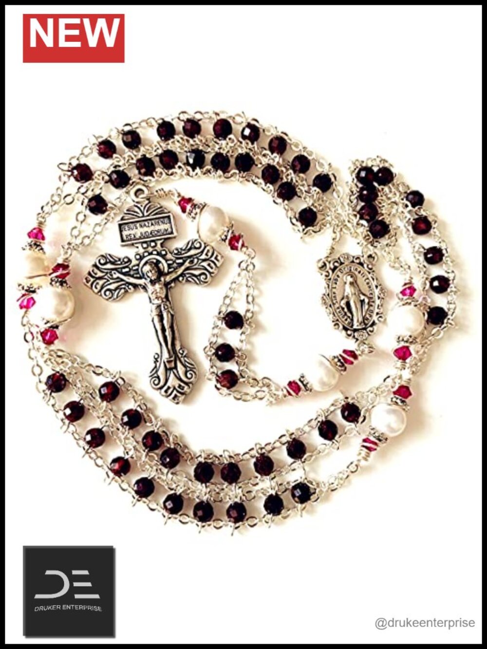 Handmade Garnet & Pearl Beads Catholic Rosary Crucifix Necklace Sterling Silver